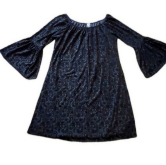 Velvet Black Jacquard Bell Sleeve Mini Dress Boho Retro Glam – Small - Picture 2 of 8